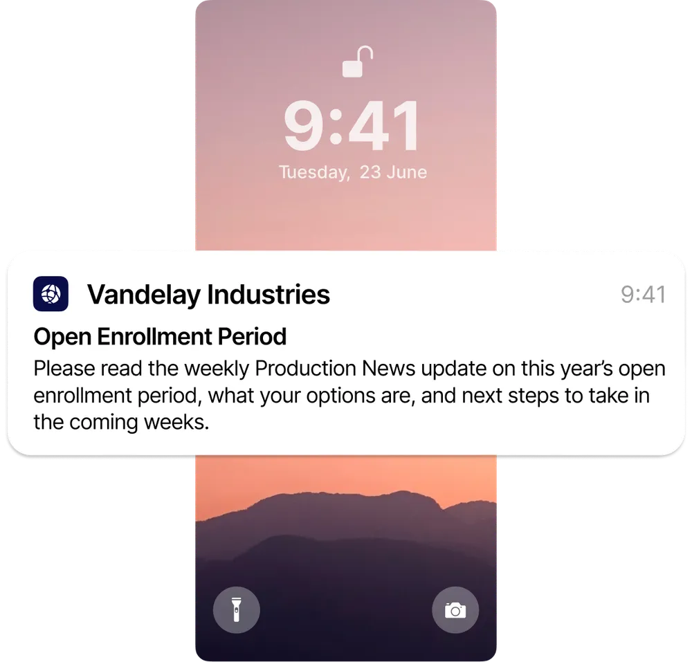 Smartphone lock screen with a notification from Vandelay Industries about open enrollment, displaying the date and time against a sunset background.
