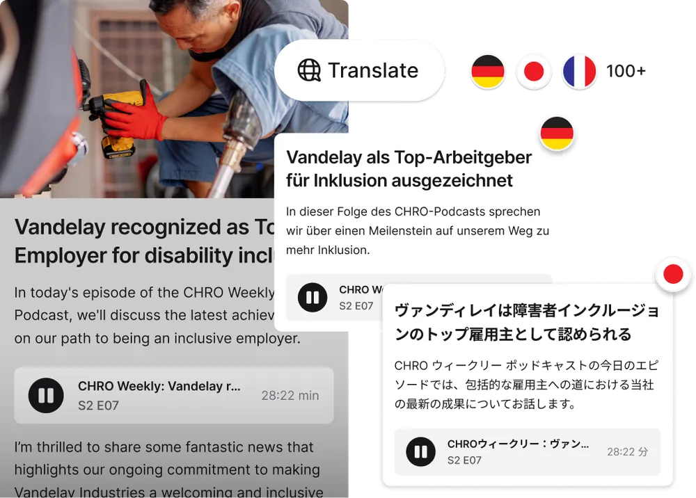 A person using a translation app on a phone, with text about Vandelay being recognized as a top employer for disability inclusion.