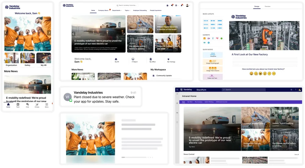 Collage of various corporate dashboard interfaces displaying news, updates, and a team photo of people in orange jackets.