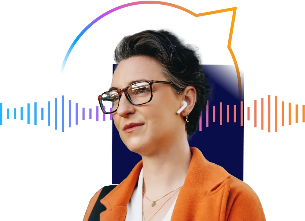 Person with short hair and glasses, wearing earbuds and an orange coat, stands in front of a colorful soundwave graphic.