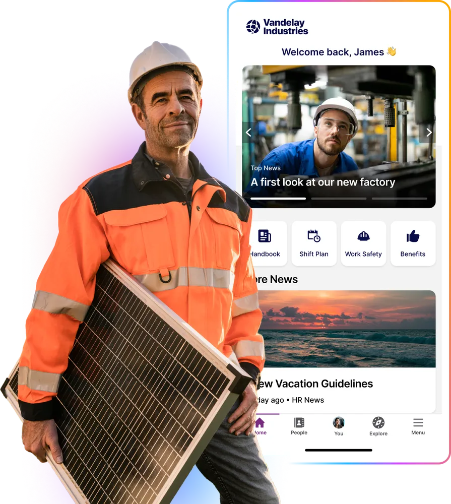 A worker in an orange jacket and hard hat holds a solar panel. Behind him, a mobile app interface for Vandelay Industries is displayed.
