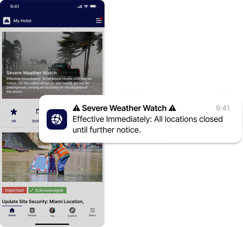 Mobile app screen showing a severe weather alert notification about all locations being closed, with images of stormy weather and flooding.