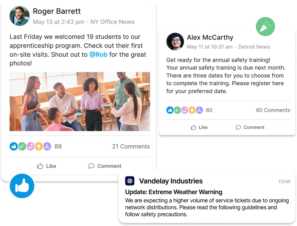 A collage of social media posts and notifications about an apprenticeship program, safety training, and a weather warning.