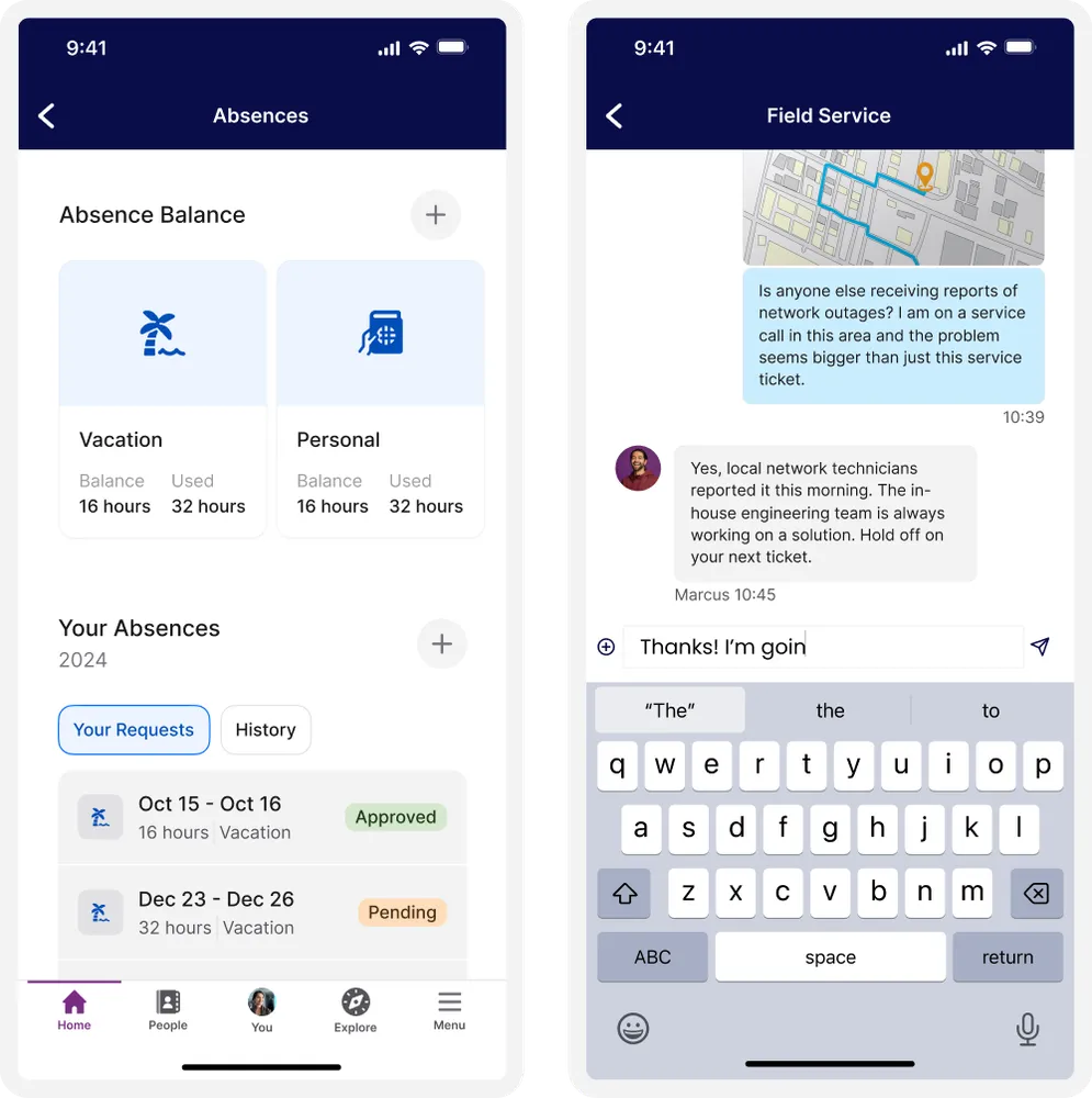 Screenshot of phone depicting absence balance and field service