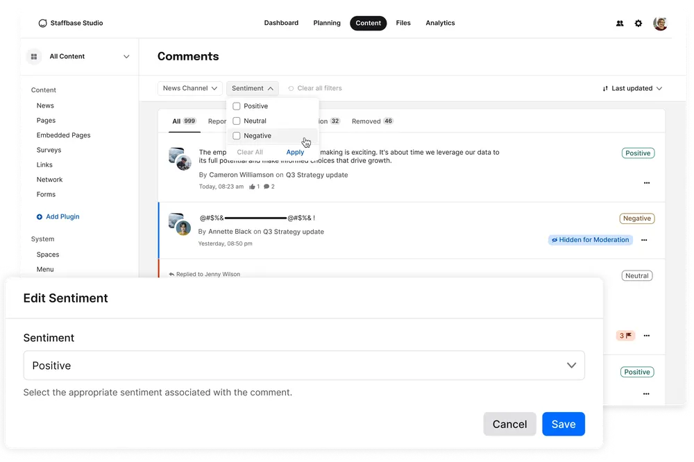 Dashboard interface showing a comments section with sentiment analysis options. A pop-up window allows editing sentiment to "Positive."
