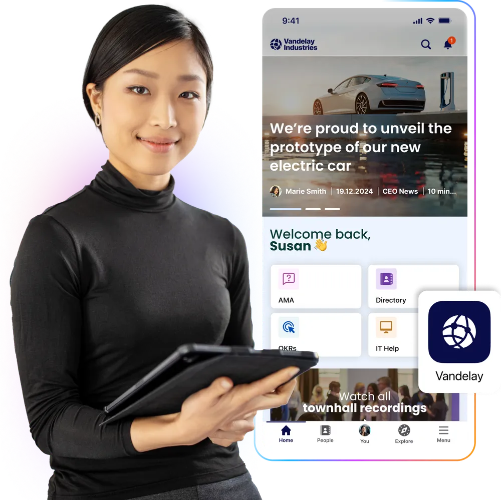 Woman holding a tablet next to a smartphone displaying a company app interface with news about an electric car prototype.