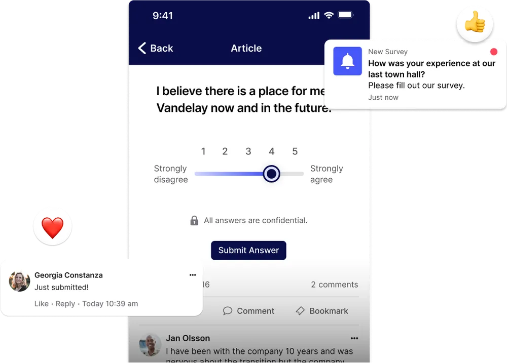 Mobile app survey screen with a 5-point scale question, notifications, and user comments. Thumbs up and heart icons are visible.