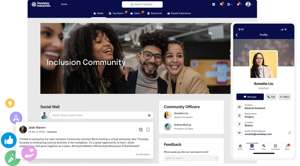 A group of diverse people smiling in an office setting. The screen shows a social platform interface with posts, profile details, and community info.