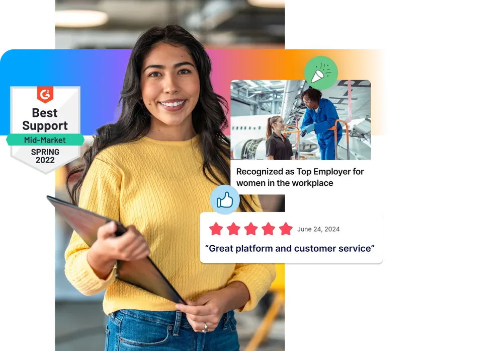 Smiling woman holding a laptop, with accolades for best support, top employer, and customer service displayed around her.