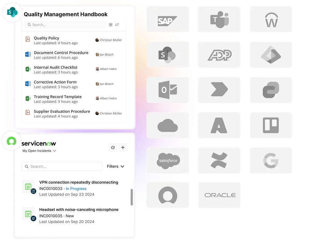 Interface showing a Quality Management Handbook with document updates, logos of various companies, and a ServiceNow section with open incidents.