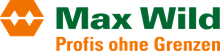 Logo with an orange geometric emblem on the left, green text "Max Wild," and orange text "Profis ohne Grenzen" below.