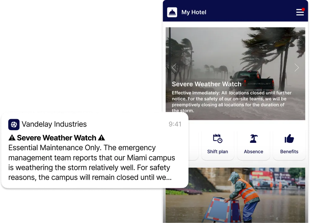 A severe weather alert on a mobile app shows a stormy scene and a maintenance worker in a raincoat by a flooded road.
