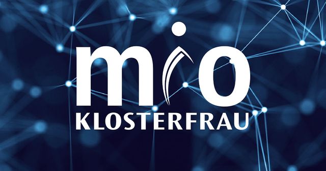 Logo of "mio Klosterfrau" with a network of glowing lines and nodes in the background.