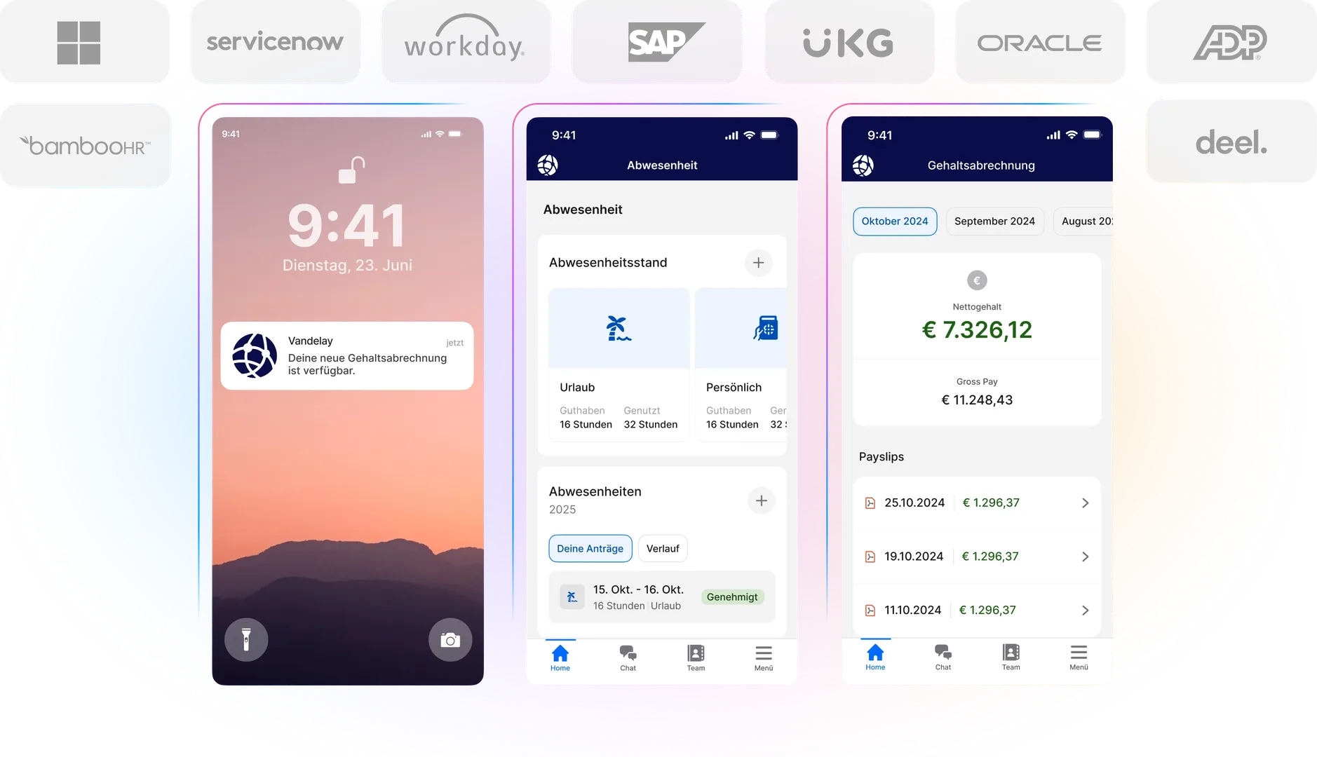 Three mobile screens display a payroll app interface with icons of various software companies above, set against a colorful gradient background.