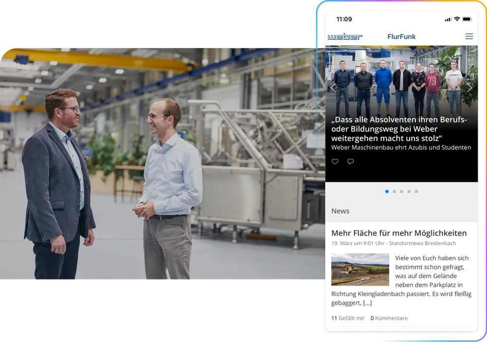 Two men talking in an industrial setting beside a smartphone displaying a news app with articles and images.