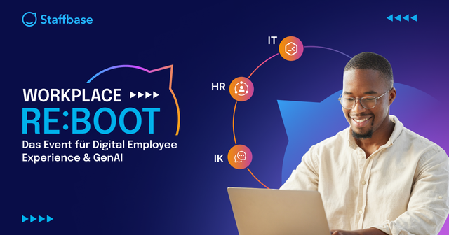 Smiling man using a laptop, surrounded by icons labeled IT, HR, and IK. Text: "Workplace Re:Boot" and "Das Event für Digital Employee Experience & GenAI."