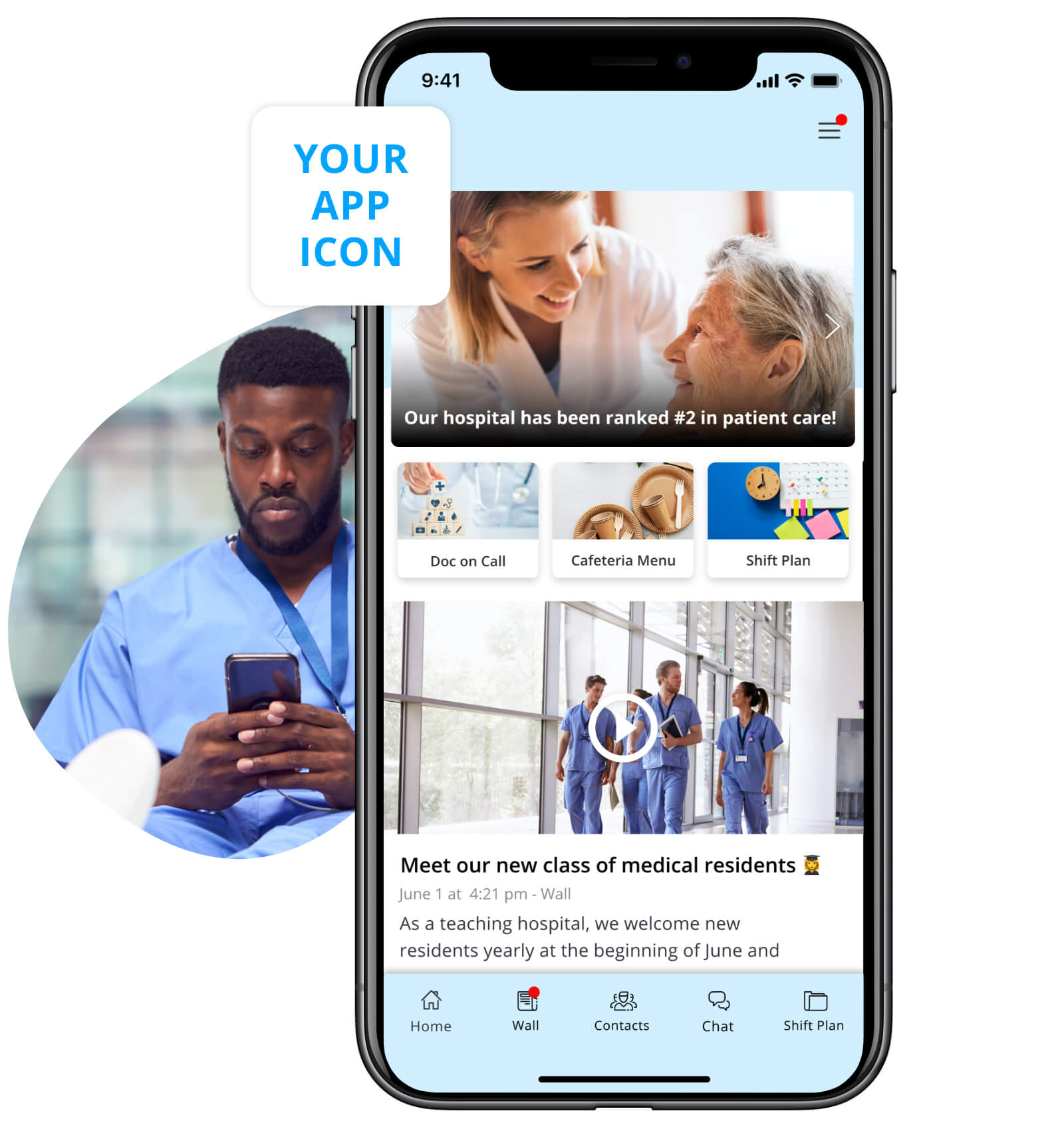 A doctor with his healthcare app to optimize healthcare comms.